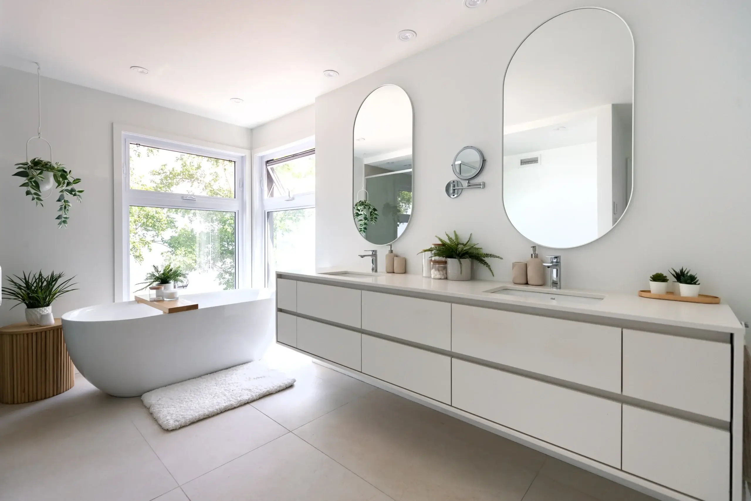 Salle de bain moderne sur mesure avec vanité flottante et baignoire autoportante.