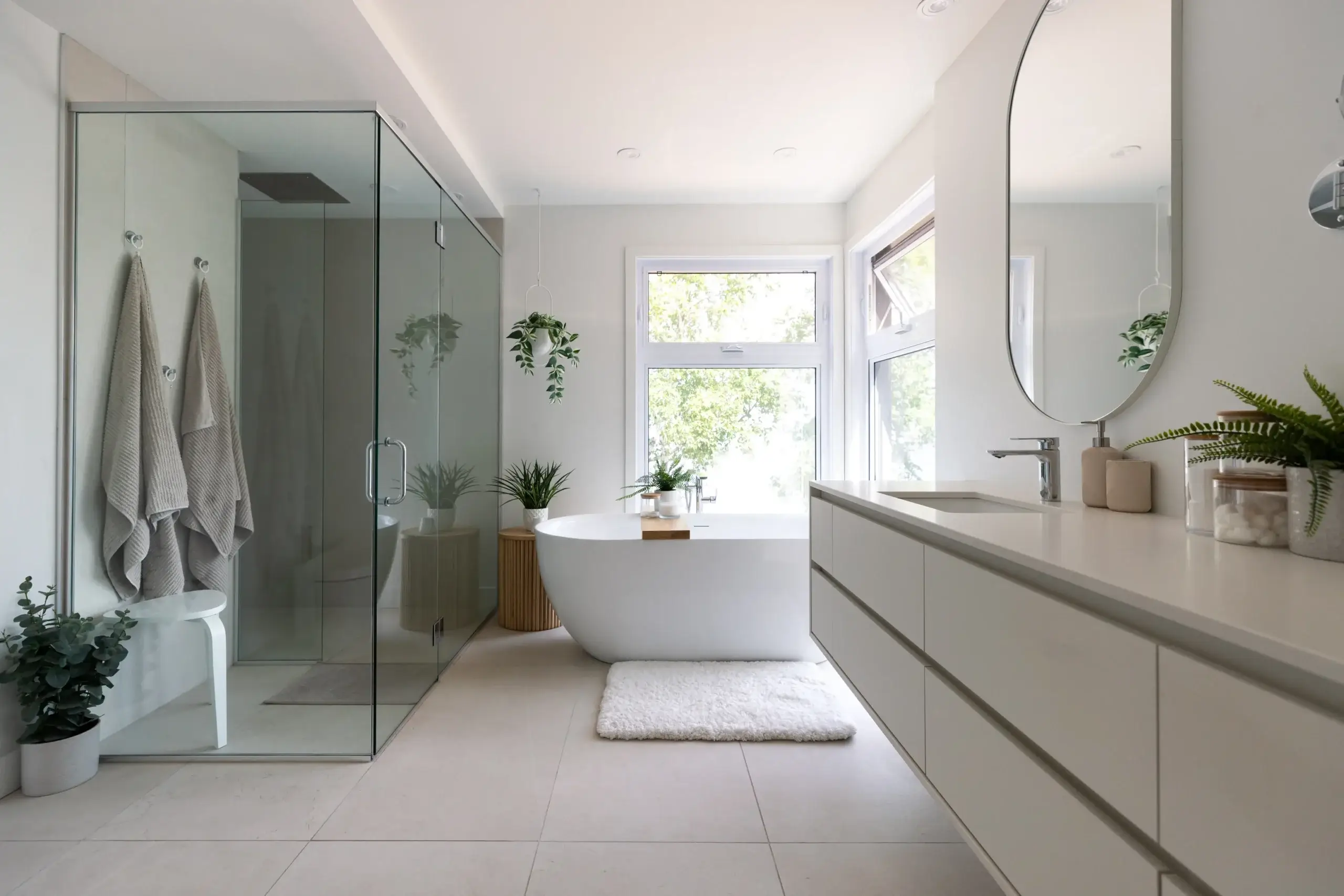 Salle de bain blanche avec douche en verre, baignoire îlot et meuble-lavabo contemporain.